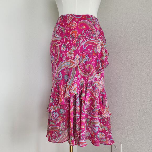 Chaps Pink Paisley Ruffle Hem Midi Skirt Vintage Y2K Boho Sheer Overlay M - Picture 1 of 7
